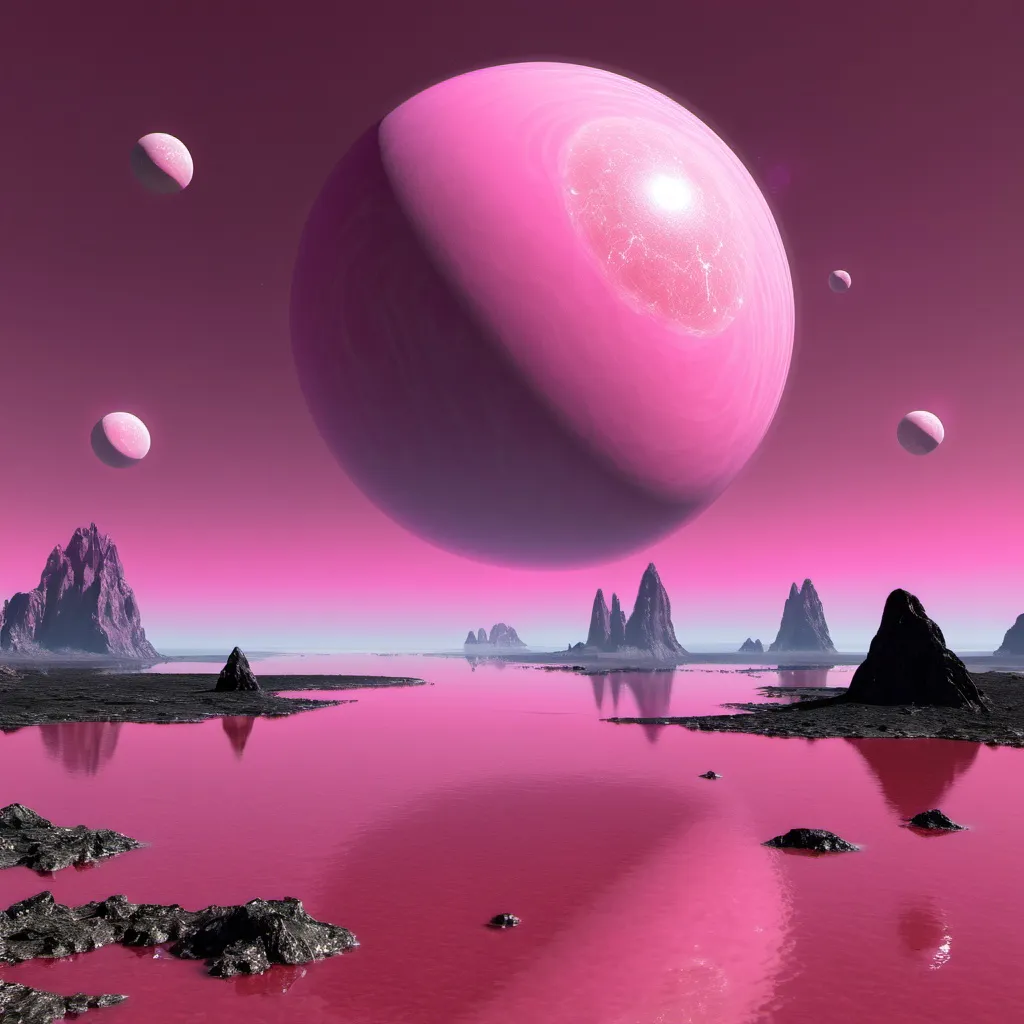 Prompt: Alien planet, pink sky, 2 moons, 40% water