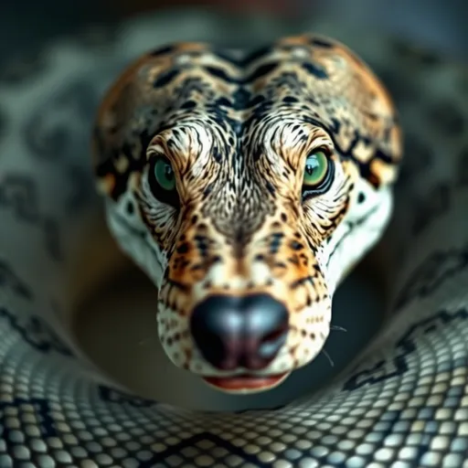 Prompt: Snake  with dog face, green eyes,