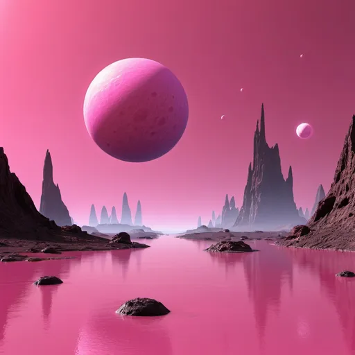 Prompt: Alien planet, pink sky, 2 moons, 40% water