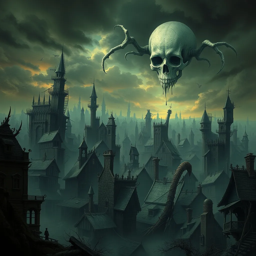 Prompt: Dark fantasy city, lots destroyed houses, in the sky scull.