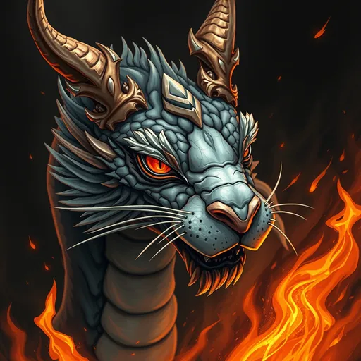 Prompt: Dragon  with cat face, dark soul, around fire.