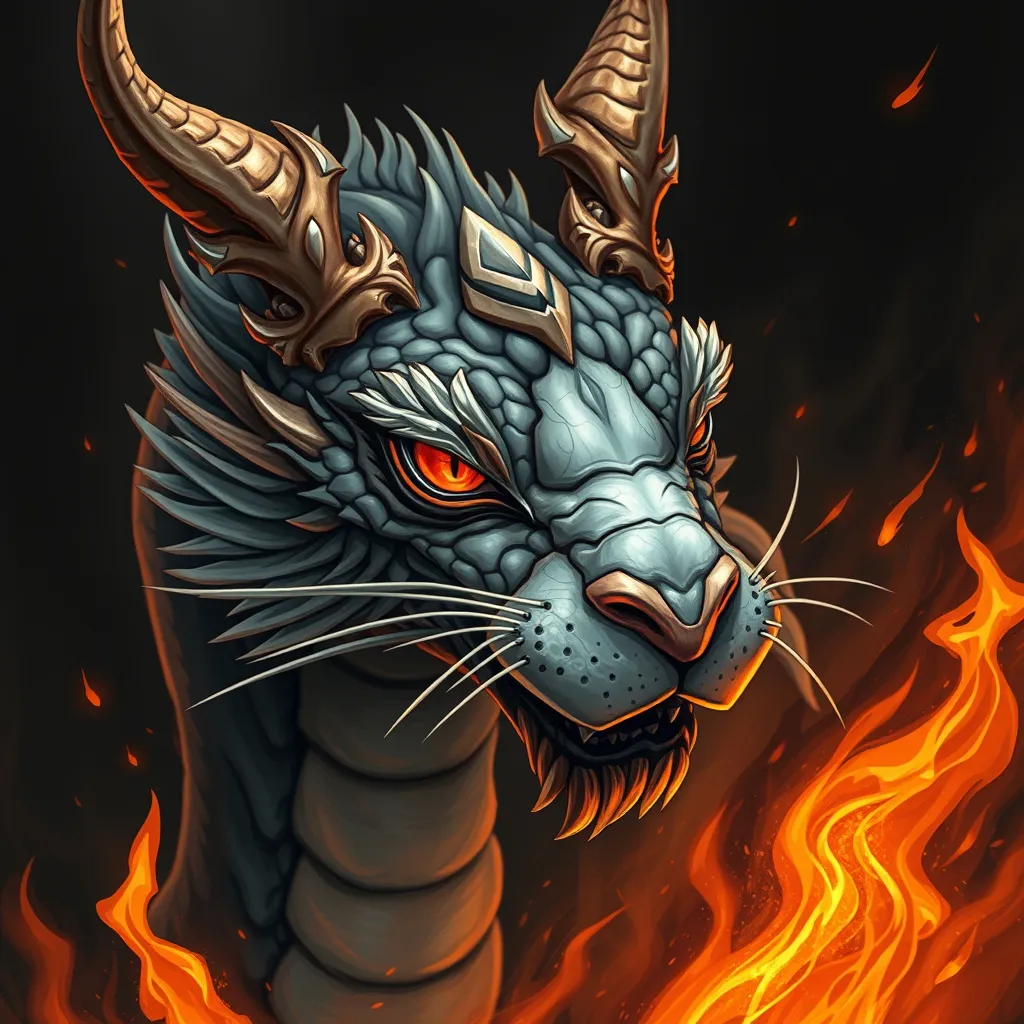 Prompt: Dragon  with cat face, dark soul, around fire.