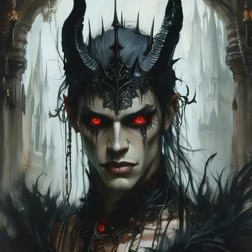 Prompt: King from gothic dark fantasy kingdom, red eyes , black hire