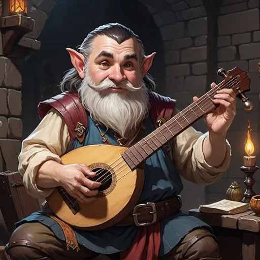 Prompt: A middle aged dark haired gnome bard in dungeons and dragons playing a lute to a big stage