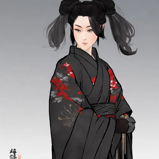 Prompt: Female RONIN wearing a black  kimono      