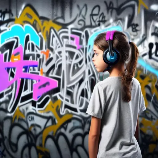 Prompt: GIRL LISTENING TO MUSIC ON HER HEADPHONES STANDING INFRONT OF A GRAFFITI ARTWORK
