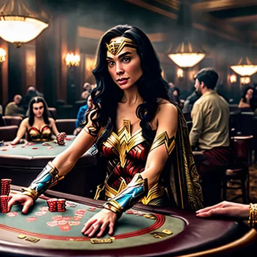 Prompt: WONDERWOMAN WEARING A GOLD FLORAL DESIGN KIMONO PLAYING POKER