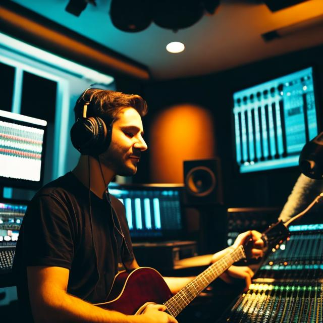 Prompt:  SOUND ENGINEER IN A, MUSIC STUDIO WORKING ON ACOUSTIC MUSIC ALBUM