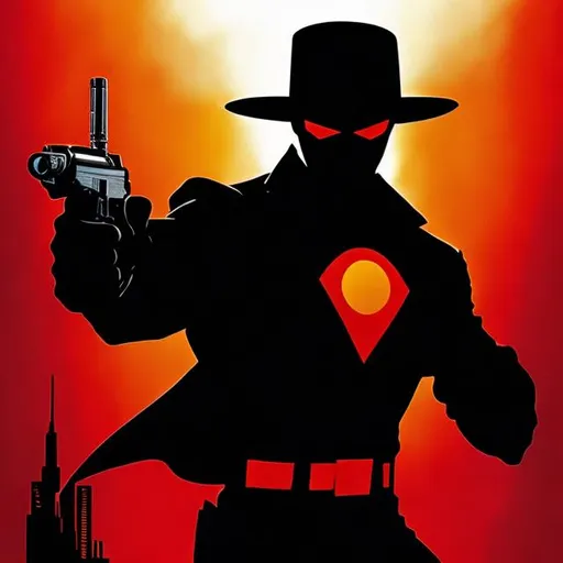 Prompt: THE SHADOW (SUPERHERO) HOLDING TWO 9 MM PISTOLS
