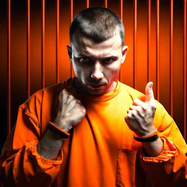 Prompt: MAN IN HANCUFFS AND WEARING ORANGE PRISON CLOTHES