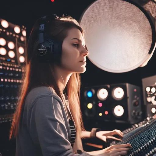 Prompt: FEMALE SOUND ENGINEER IN A, MUSIC STUDIO WORKING ON ACOUSTIC MUSIC INSTRUMENTAL
