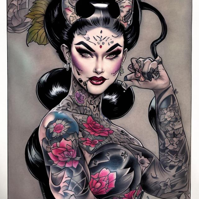 Prompt: TATTOOED CATWOMAN GEISHA IN COLOR