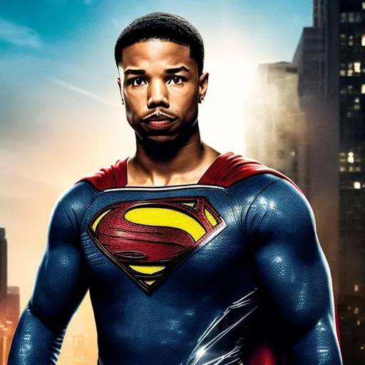 Prompt: MICHAEL.B. JORDAN AS SUPERMAN IN COLOR