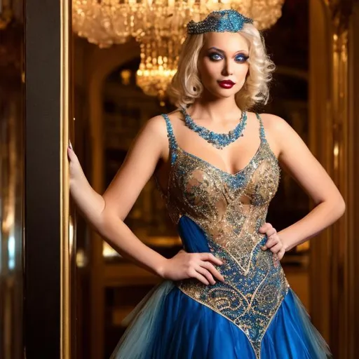 Prompt: BEAUTIFUL SHOWGIRL WEARING A BLUE AND BLACK EVENING DRESS