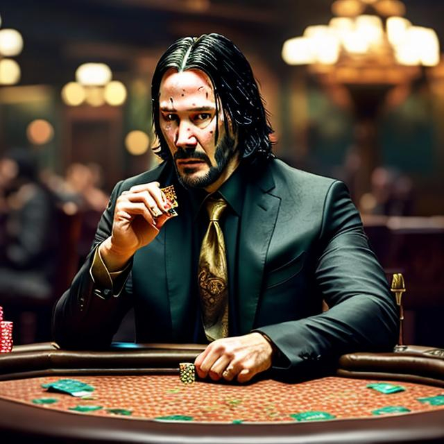 Prompt: JOHN WICK WEARING A GOLD FLORAL DESIGN KIMONO PLAYING POKER