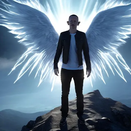 Prompt: CHESTER BENNINGTON AS AN ANGEL WITH WINGS STANDING IN FRONT OF A MOUNTAIN 