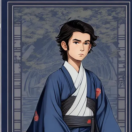 Prompt: ANARKIN SKYWALKER WEARING A NAVY-BLUE KIMONO