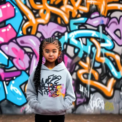 Prompt:  MIXED-RACE GIRL WEARING A HOODIE WITH BRAIDED HAIR STANDING INFRONT OF A VIBRANT GRAFFITI WALL MURAL
