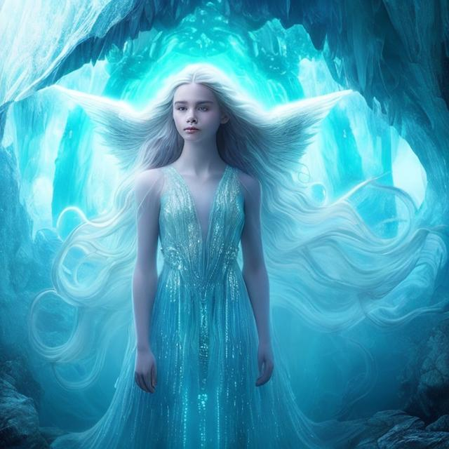 Prompt: hyper quality, hyper detail, 8k, a beautiful crystal heavenly angel with long wavy hair, wearing a bio luminescent blue dress standing in the entrance of a mystical cave, blue misty effect, sunlit background.