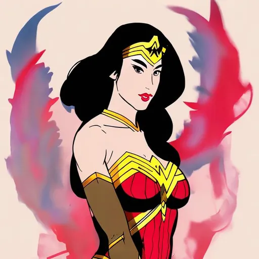 Prompt: WONDERWOMAN GEISHA IN A COLOR DIFFUSION BACKGROUND