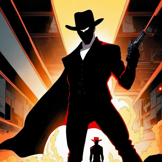 Prompt: THE SHADOW (SUPERHERO) HOLDING TWO 9 MM PISTOLS
