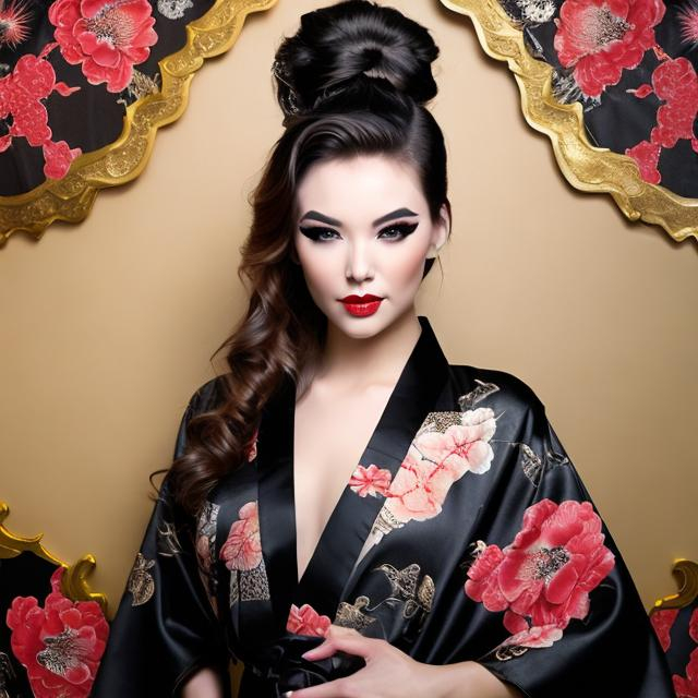 Prompt: BEAUTIFUL SHOWGIRL WEARING A BLACK FLORAL DESIGN KIMONO