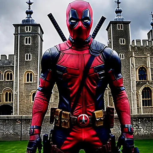 Prompt: High-resolution photo of superhero DEADPOOL, ALL black costume, uhd, hdr, 64k SITTING ON THE TOWER OF LONDON