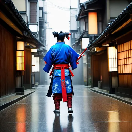 Prompt: craft a shinobi wielding a katana sword, wearing a blue and red kimono walking in Tokyo., Japan in the rain.