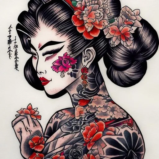 Prompt: TATTOOED GEISHA IN COLOR