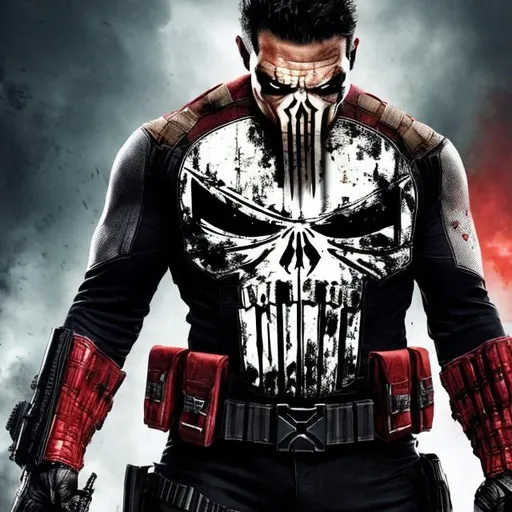 Prompt: High-resolution hyperrealistic photo of superhero US-Agent THE PUNISHER merged with villain Crossbones, black and red and white costume, uhd, hdr, 64k