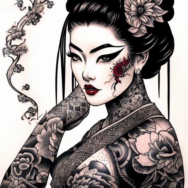 Prompt: TATTOOED FEMALE GEISHA GANGSTER