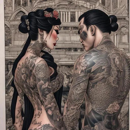 Prompt: TATTOOED FEMALE GEISHA GANGSTER SAYING I DO TO HER HUSBAND IN A ROMAN CATHERDRAL