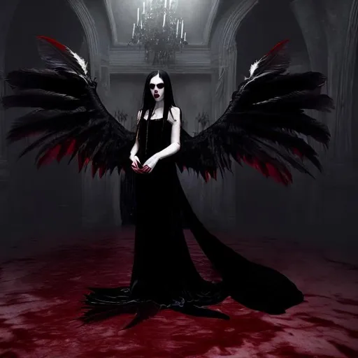 Prompt: A (((full-body Gothic vampiress))), draped in flowing black velvet, with (((crimson feather wings))), standing gracefully in a (pool of blood) that mirrors her own dark hue