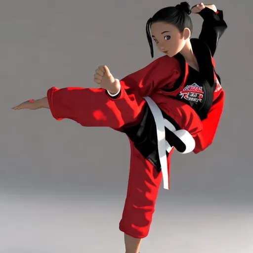 Prompt: FEMALE KARATE GIRL, IN A BLACK HOODIE AND RED KARATE ATTIRE.