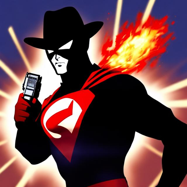 Prompt: THE SHADOW (SUPERHERO) HOLDING A 9 MM PISTOL
