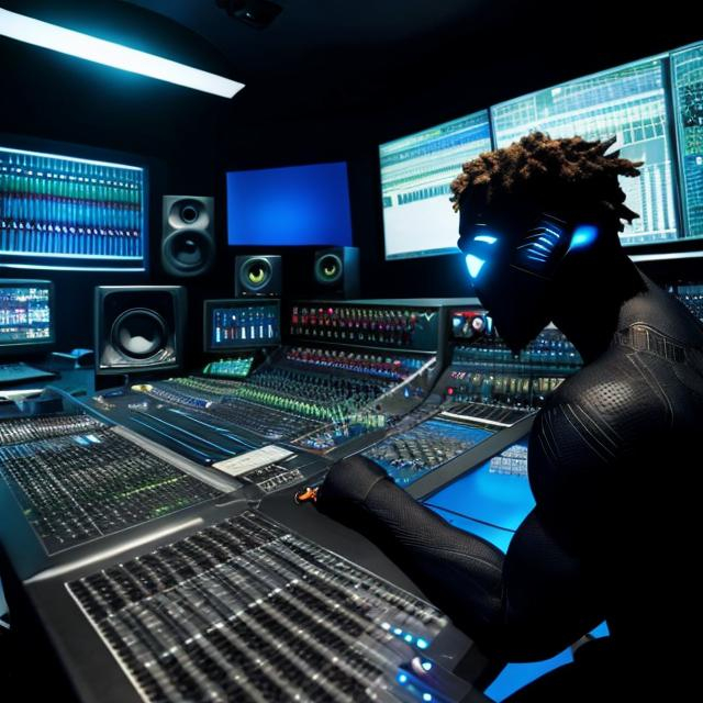 Prompt: BLACK PANTHER SUPERHERO AS A SOUND ENGINEER IN A MUSIC STUDIO WORKING ON THE SOUNDTRACK TO THE MOVIE BLACK PANTHER