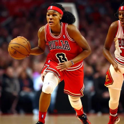 Prompt: FEMALE NBA BASKETBALL PLAYER PLAYING FOR THE CHICAGO BULLS 