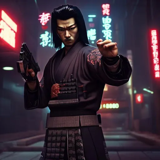 Prompt: NEO NOIR GANGASTER SAMURAI HOLDING A 9MM PISTOL..