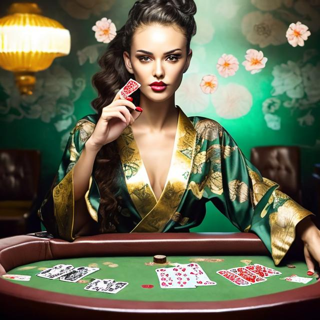 Prompt: BEAUTIFUL SHOWGIRL WEARING A GOLD FLORAL DESIGN KIMONO PLAYING POKER, DRINKING VIRGIN MOJITO