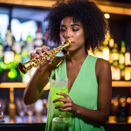 Prompt: Mixed race female saxophonist drinking virgin mojito at a bar