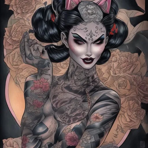 Prompt: TATTOOED CATWOMAN GEISHA IN COLOR