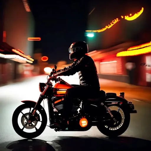 Prompt: BIKER RIDING A HARLEY DAVIDSON MOTORBIKE IN THE NIGHT