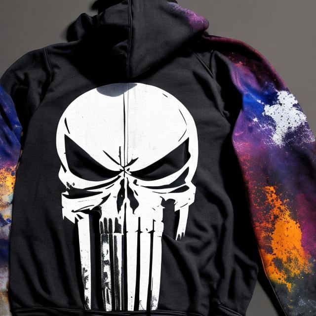 Prompt: CREATE A HIGHLY DETAILED COLORFUL IMAGE OF THE PUNISHER HOODIE