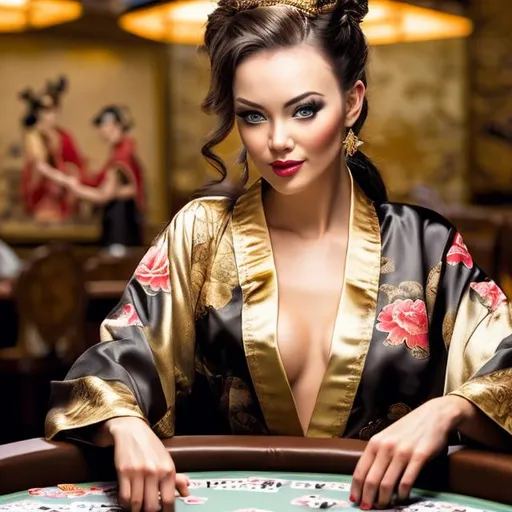Prompt: BEAUTIFUL SHOWGIRL WEARING A  GOLD FLORAL DESIGN KIMONO PLAYING POKER