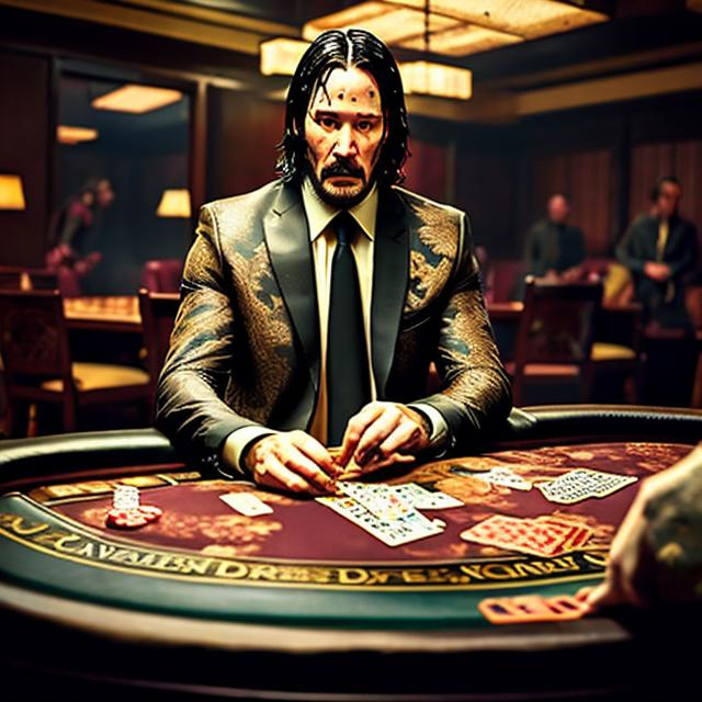 Prompt: JOHN WICK WEARING A GOLD FLORAL DESIGN KIMONO PLAYING POKER