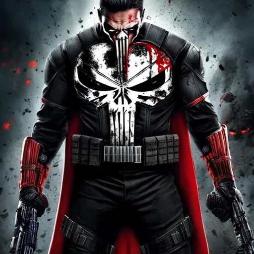 Prompt: High-resolution hyperrealistic photo of superhero US-Agent THE PUNISHER merged with villain Crossbones, black and red and white costume, uhd, hdr, 64k