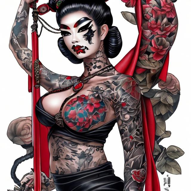 Prompt: TATTOOED GEISHA DOMINATRIX