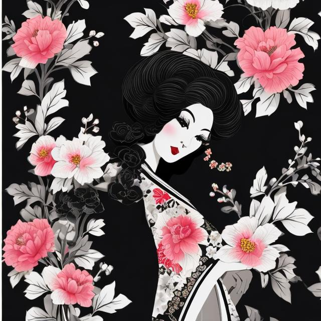 Prompt: BEAUTIFUL SHOWGIRL WEARING A BLACK FLORAL DESIGN KIMONO