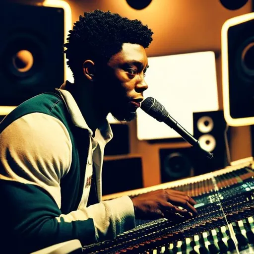 Prompt: CHADWICK BOSEMAN AS A SOUND ENGINEER IN A, MUSIC STUDIO WORKING ON ACOUSTIC SOUL MUSIC ALBUM