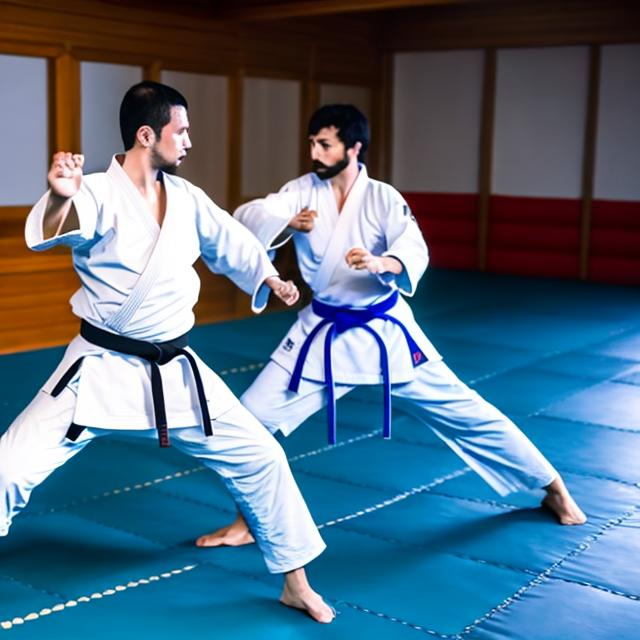 Prompt:  MALE KARATEKA TRAINING IN A DOJO